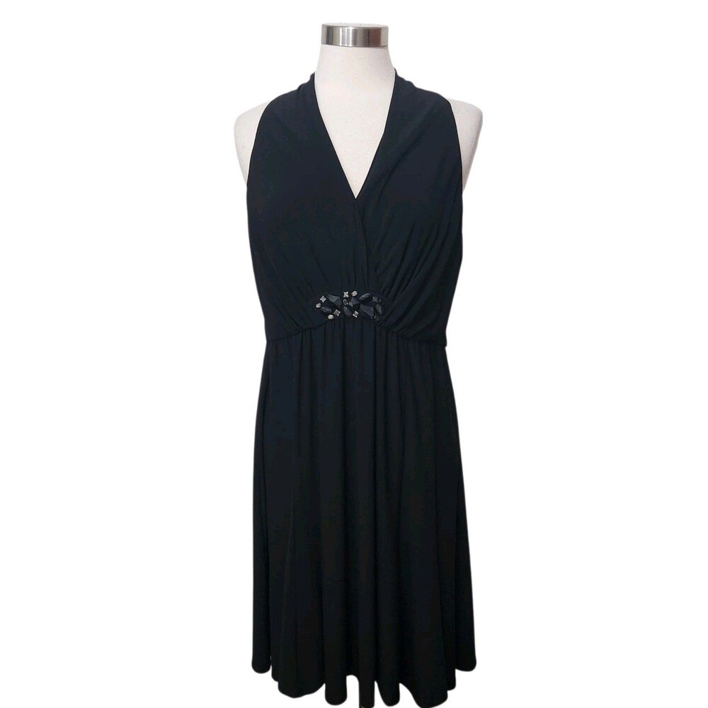 Evan Picone Black Halter Dress 16 BEADED Back Zip Sleeveless 50's 60's Party